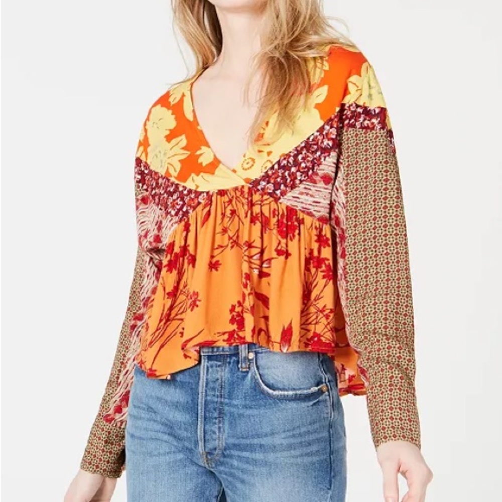 Free People Multicolor Floral V-Neck Blouse